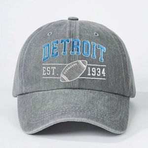 Grey washed denim baseball cap with blue Detroit embroidery and football graphic