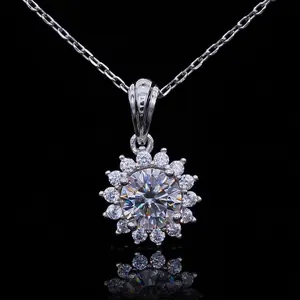 Elegant sunflower pendant necklace in sterling silver with brilliant moissanite stone