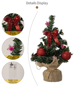 Detail display of mini lighted Christmas tree with red baubles and burlap base