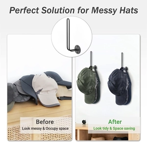 L-shaped metal baseball cap organizer with before and after tidy storage comparison