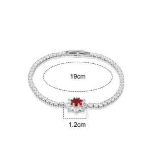 Elegant silver tennis bracelet featuring a central red crystal flower and zircons