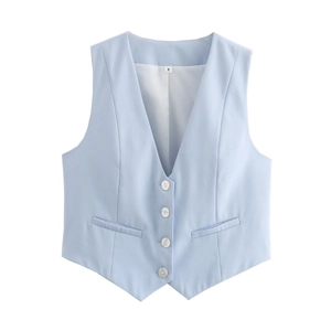 Flat lay of light blue V-neck suit vest for women with four buttons on white background