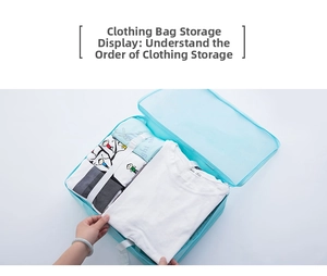 Blue travel organizer bag with mesh top and interior straps for clothing storage