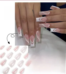 Macro view of long square press-on nails with white glitter French wave patterns