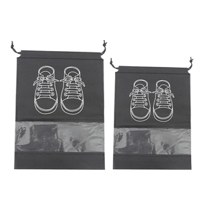 Black non-woven drawstring shoe storage bags with clear window for travel and home use