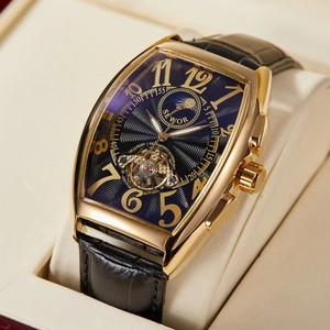 Men's gold tonneau mechanical watch with moon phase and black leather strap in a gift box