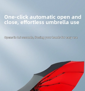 Close-up of dual-layer windproof automatic umbrella with red interior and black ribs