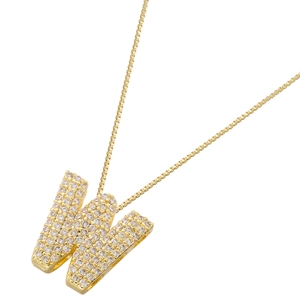 Detailed close-up of golden micro-pave letter W pendant with sparkling zircon stones