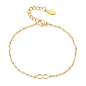 Golden infinity symbol link bracelet with pink enamel beads and lobster clasp closure