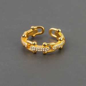 Copper Rhinestone U-Shape Chain Link Open Ring For Women Minimalist Adjustable Horseshoe Buckle Finger Ring Fashion Jewelry