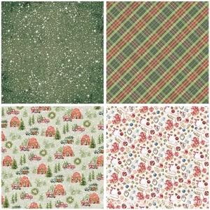 Detail shots of four vintage Christmas scrapbook paper patterns in red and green tones