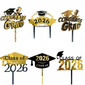 Graduation Cake Toppers Acrylic Mirror Gold Black Congrats Grad Class Of 2026 Party Celebration Decorations