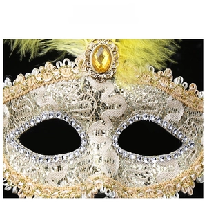 Detailed close-up of a masquerade mask featuring golden sequins, lace and yellow feathers