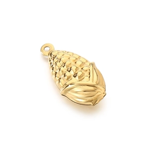 Golden hollow corn charm pendant with metal leaf texture and circular ring loop