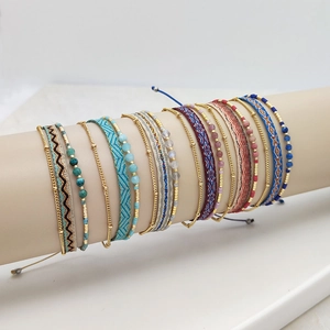 Multi-layer Beaded Bracelet Natural Stone Glass Beads Gold Plated Copper Chain Woven Ribbon Bohemian Adjustable Jewelry For Women