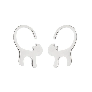 Detailed view of cat-shaped silver stainless steel stud earrings on a white background