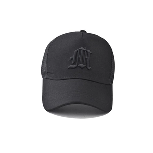 Classic black cotton mesh baseball cap with 3D gothic letter M embroidery on a white background