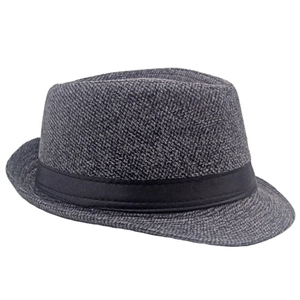 Detailed view of dark grey wool fedora hat with elegant black decorative ribbon band