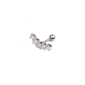 Detailed macro of silver screw back cartilage earring with 5 clear curved zircons