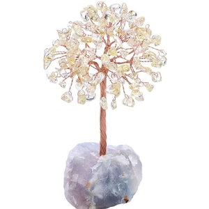 Detail of yellow crystal money tree with copper wire on a natural amethyst base