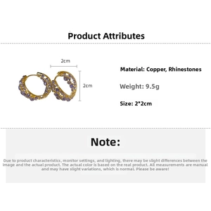 Macro detail of gold-plated geometric hoop earrings with purple rhinestones and size guide