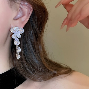 Dettaglio degli orecchini a farfalla con zirconi scintillanti indossati da una modella