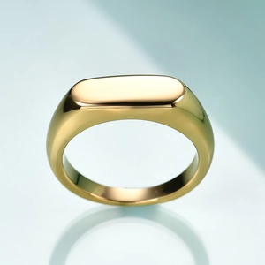 Polished 18K gold-plated 6mm oval bar signet ring with a minimalist flat top finish
