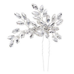 Silver bridal hair pin featuring marquise cut rhinestones and leaves on a U-shaped fork