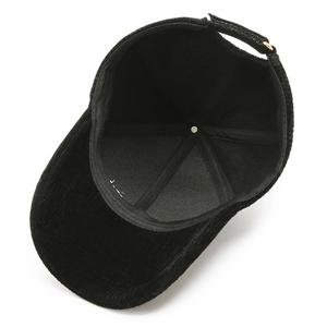 Classic black corduroy baseball cap with adjustable gold buckle and retro 6-panel design