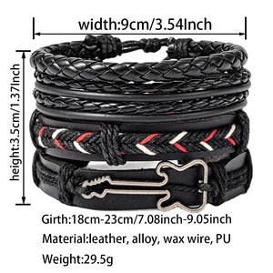Detail of multi-layer leather bracelet set with guitar charm and braided texture