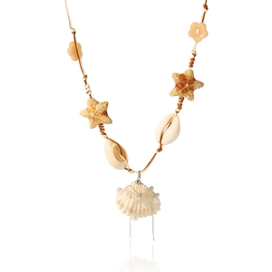 Detailed shot of starfish and shell necklace with hanging pearl and silver tassels