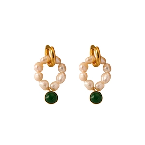 Retro handmade pearl hoop earrings with gold accents and a green gemstone drop charm