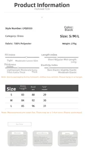 Size chart for black sleeveless mini dress with detailed S, M, L measurements and fabric info