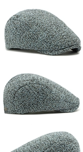 Three-angle view of a blue tweed flat cap showing textured knit and metal side buttons