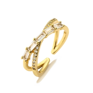 Crossed 18K gold plated ring with rectangular gemstones and micro-pave zircons