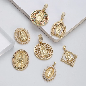 Virgin Mary Pendant Necklace Copper 14K Gold Plated Colorful Zircon Rhinestone Religious Jewelry For Women Vintage