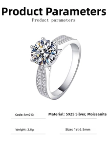 Detailed view of 1-carat moissanite ring with classic six-prong S925 silver setting