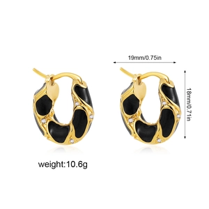 18K gold plated black enamel hoop earrings with micro cubic zirconia and wave pattern