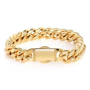 Bracelet gourmette pour homme en acier inoxydable doré poli avec fermoir à ressort