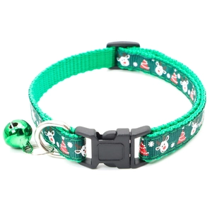 Adjustable green Christmas pet collar with reindeer prints and a small jingle bell