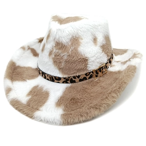 Chapeau De Cowboy Occidental Peluche Fausse Fourrure Imprimé Vache Chaud Hiver Mode Femmes Ceinture Léopard Boucle Or