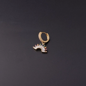 Gold-plated hoop earring with pavé zircon stones and colorful celestial fan pendant