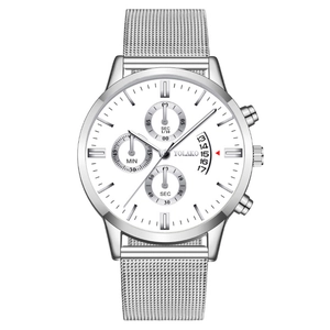 Fashion silver steel mesh strap quartz watch with white calendar dial and three sub-dials