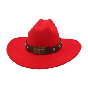 Classic red wool felt western cowboy hat with turquoise beads and metal bull head buckle