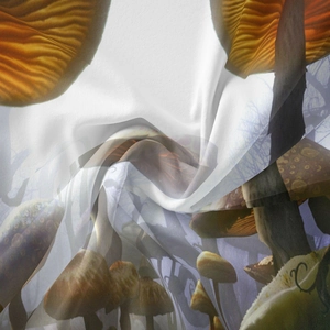 Detailed close-up showing the silky texture and mushroom print of the bohemian tapestry