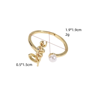 Adjustable gold love ring with zircon and white pearl accent for women, 1.9x1.9cm