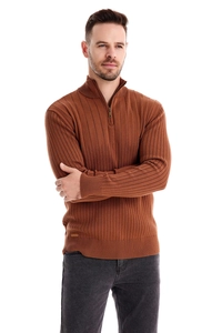 Close-up of brown knit sweater texture featuring a vertical stripe design and half-zip collar