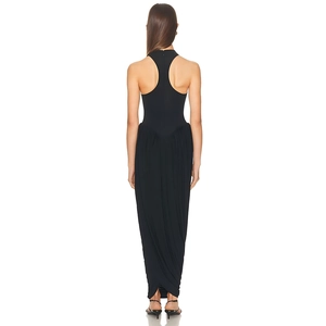 Elegant black backless long dress with sleeveless design and ruched details for women