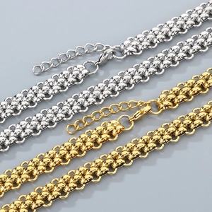 Mens flat triple-woven chain necklace set in silver and gold tone titanium steel