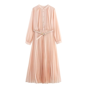 Elegant Chiffon Pleated Midi Dress With Belt Long Sleeve Solid Color Button Front Lapel Dress For Women Office Banquet